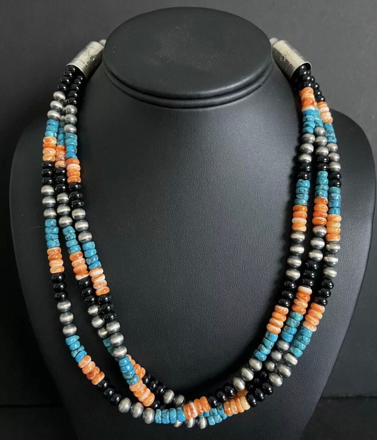 Sterling Silber Multi Strang Stein Perlen Halskette. 20 Zoll von NativeTurquoiseT