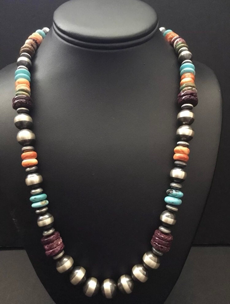 Sterlingsilber Multi Stein Perle Halskette 22 Zoll von NativeTurquoiseT