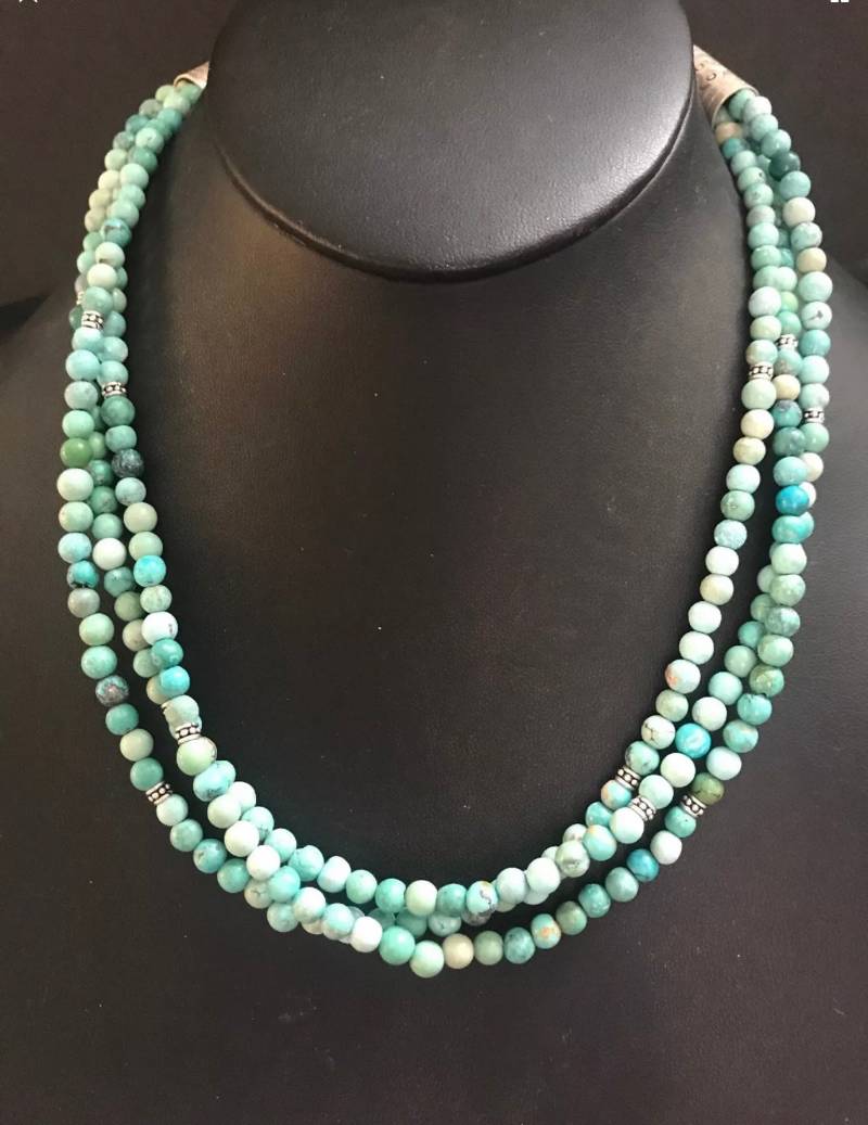 sterling Silber Blau Grün Türkis 3-strang-Perlenkette von NativeTurquoiseT