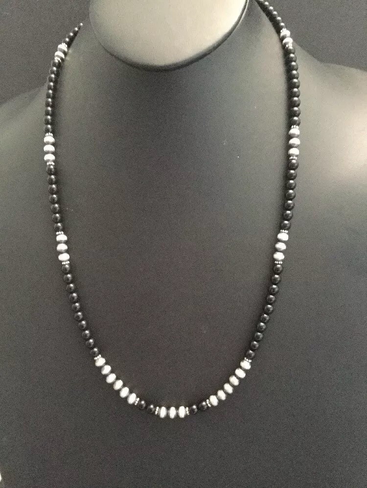 sterling Silber Schwarz Onyx Perlenkette 26 Zoll von NativeTurquoiseT