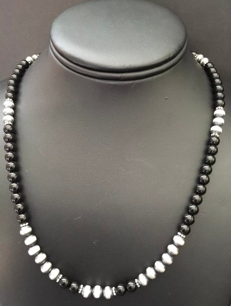 sterling Silber Schwarz Onyx Perlenkette 45cm von NativeTurquoiseT