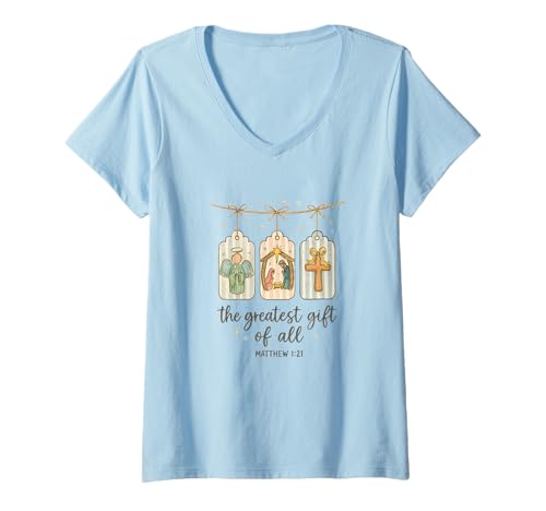 Damen The Greatest Gifts of All Matthew 1:21 Nativity Watercolor T-Shirt mit V-Ausschnitt Damen The Greatest Gifts of All Matthew 1:21 Nativity Watercolor T-Shirt mit V-Ausschnitt von Nativity Christmas Co.