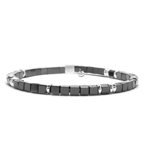 Nato Cuff - 925 Sterling Silber Armband - Platz Hematit Perlen Halbedelsteine ​- Herren und Damen schmuck Handgefertigt in Frankreich (Large 19cm) von Nato Cuff