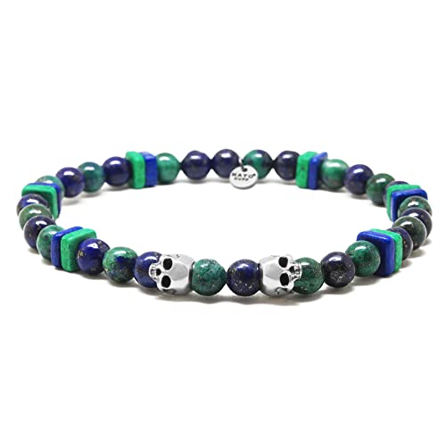 Nato Cuff - 925 Sterling Silber Totenkopf Skull Armband - Azurite Perlen Halbedelsteine ​​- Griechische Keramikperlen- Herren und Damen schmuck Handgefertigt in Frankreich (Small 15cm) (Medium 17cm) von Nato Cuff