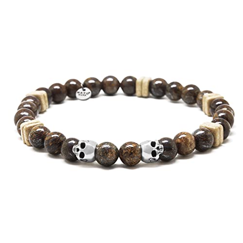 Nato Cuff - 925 Sterling Silber Totenkopf Skull Armband - Bronzite Perlen Halbedelsteine ​​- Griechische Keramikperlen- Herren und Damen schmuck Handgefertigt in Frankreich (Large 19cm) von Nato Cuff