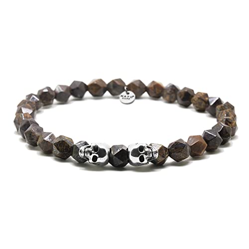 Nato Cuff - 925 Sterling Silber Totenkopf Skull Armband - Bronzite Perlen Halbedelsteine ​​- Herren und Damen schmuck Handgefertigt in Frankreich (Large 19cm) von Nato Cuff