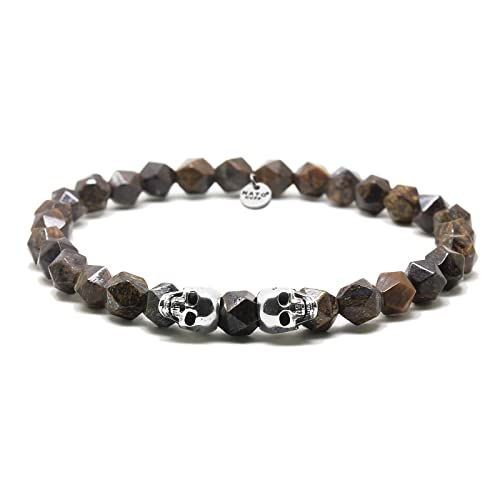 Nato Cuff - 925 Sterling Silber Totenkopf Skull Armband - Bronzite Perlen Halbedelsteine ​​- Herren und Damen schmuck Handgefertigt in Frankreich (Medium 17cm) von Nato Cuff