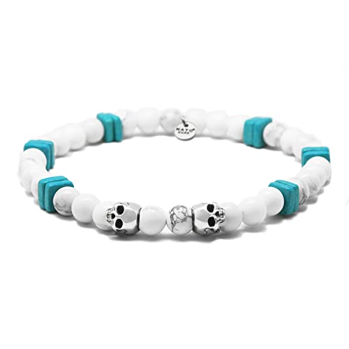 Nato Cuff - 925 Sterling Silber Totenkopf Skull Armband - Howlite Perlen Halbedelsteine ​​- Griechische Keramikperlen- Herren und Damen schmuck Handgefertigt in Frankreich (Medium 17cm) von Nato Cuff