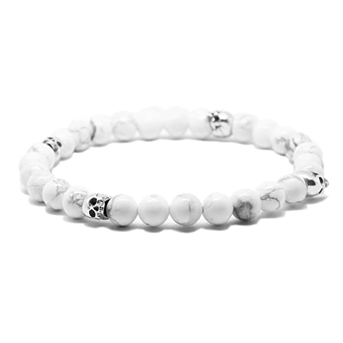 Nato Cuff - 925 Sterling Silber Totenkopf Skull Armband - Howlite Perlen Halbedelsteine ​​- Herren und Damen schmuck Handgefertigt in Frankreich (Large 19cm) von Nato Cuff