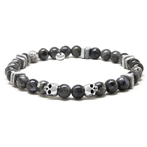 Nato Cuff - 925 Sterling Silber Totenkopf Skull Armband - Larvikite Perlen Halbedelsteine ​​- Griechische Keramikperlen- Herren und Damen schmuck Handgefertigt in Frankreich (Large 19cm) von Nato Cuff