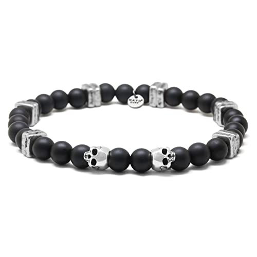 Nato Cuff - 925 Sterling Silber Totenkopf Skull Armband - Onyx Perlen Halbedelsteine ​​- Griechische Keramikperlen- Herren und Damen schmuck Handgefertigt in Frankreich (Medium 17cm) von Nato Cuff