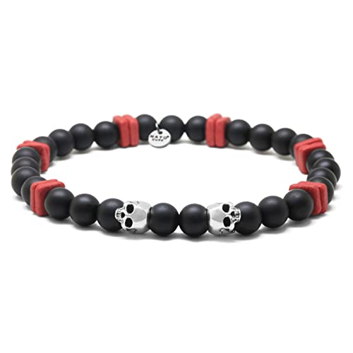 Nato Cuff - 925 Sterling Silber Totenkopf Skull Armband - Onyx Perlen Halbedelsteine ​​- Griechische Keramikperlen- Herren und Damen schmuck Handgefertigt in Frankreich (Medium 17cm) von Nato Cuff