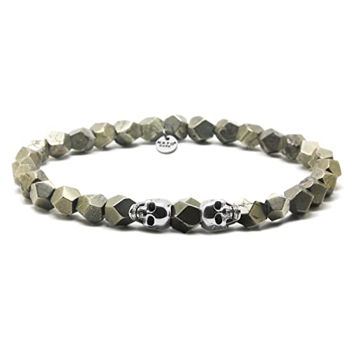 Nato Cuff - 925 Sterling Silber Totenkopf Skull Armband - Pyrite Perlen Halbedelsteine ​​- Herren und Damen schmuck Handgefertigt in Frankreich (Medium 17cm) von Nato Cuff