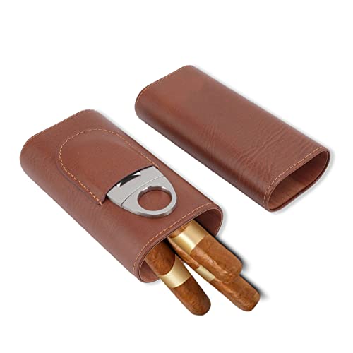 3-Finger-Zigarrenetui aus braunem Leder, tragbarer Zigarrenhalter, Zedernholzfutter mit Schere, kleiner Luftbefeuchter für Reisen, Freund, Ehemann, Geschenk von Natudeco