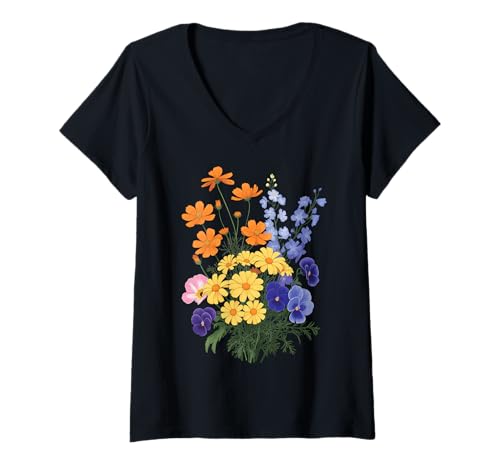 Damen Wildblumen T-Shirt mit V-Ausschnitt Damen Wildblumen T-Shirt mit V-Ausschnitt von Natur Blumen Blume Bunt Botaniker