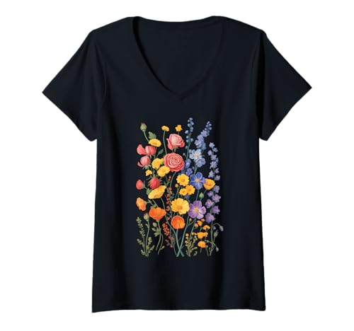 Damen Wildblumen T-Shirt mit V-Ausschnitt Damen Wildblumen T-Shirt mit V-Ausschnitt von Natur Blumen Blume Bunt Botaniker