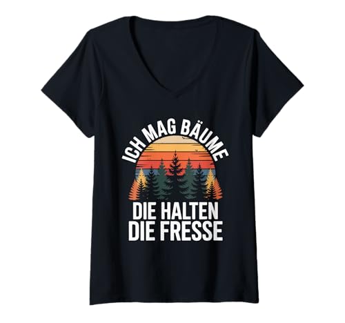 Damen Ich Mag Bäume Die Halten Die Fresse T-Shirt mit V-Ausschnitt von Natur Landschaft Wald Baum Kunst Retro