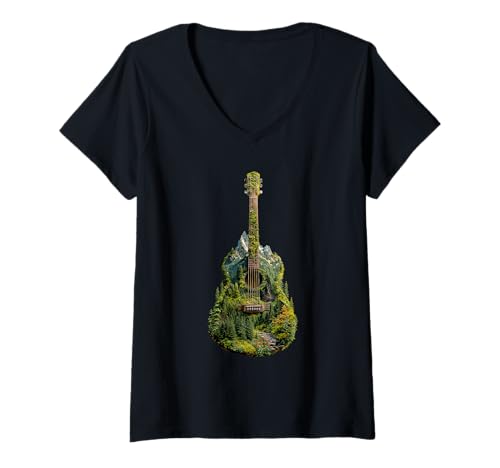 Damen Gitarre mit Berg und Wald Panorama Natur Musiker Gitarrist T-Shirt mit V-Ausschnitt von Natur Liebhaber Gitarre Gitarristen Musiker Design