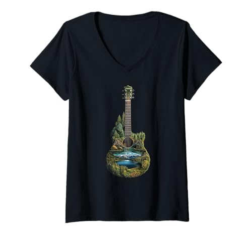 Damen Gitarre mit Berg und Wald Panorama Natur Musiker Gitarrist T-Shirt mit V-Ausschnitt von Natur Liebhaber Gitarre Gitarristen Musiker Design