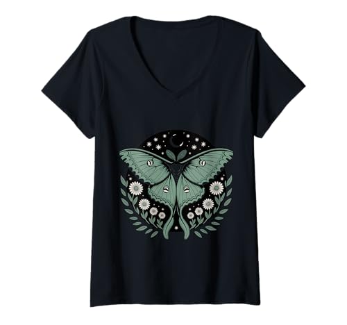 Damen Cottagecore Mondmotte Mond Sterne Gänseblümchen T-Shirt mit V-Ausschnitt von Natur Romantik Cottagecore Mondmotte Nacht