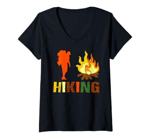 Damen Wandern Abenteuer Rucksacklagerfeuer Outdoor Entdecker T-Shirt mit V-Ausschnitt von Natur Trekking Camping Wildnis Fans