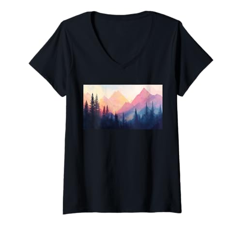 Damen Natur Minimalismus Berge Tannen Bäume Wald T-Shirt mit V-Ausschnitt von Natur Wald Gebirge Wandern
