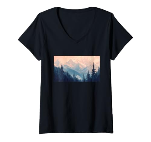 Damen Natur Minimalismus Berge Tannen Bäume Wald T-Shirt mit V-Ausschnitt von Natur Wald Gebirge Wandern