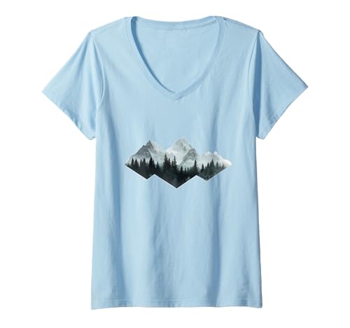 Damen Natur Minimalismus Berge Tannen Bäume Wald T-Shirt mit V-Ausschnitt von Natur Wald Gebirge Wandern