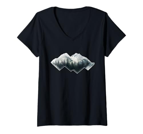 Damen Natur Minimalismus Berge Tannen Bäume Wald T-Shirt mit V-Ausschnitt von Natur Wald Gebirge Wandern