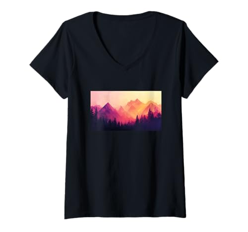 Damen Natur Minimalismus Berge Tannen Bäume Wald T-Shirt mit V-Ausschnitt von Natur Wald Gebirge Wandern