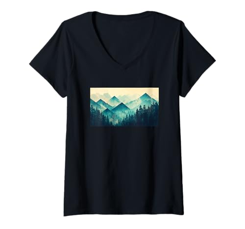 Damen Natur Minimalismus Berge Tannen Bäume Wald T-Shirt mit V-Ausschnitt von Natur Wald Gebirge Wandern