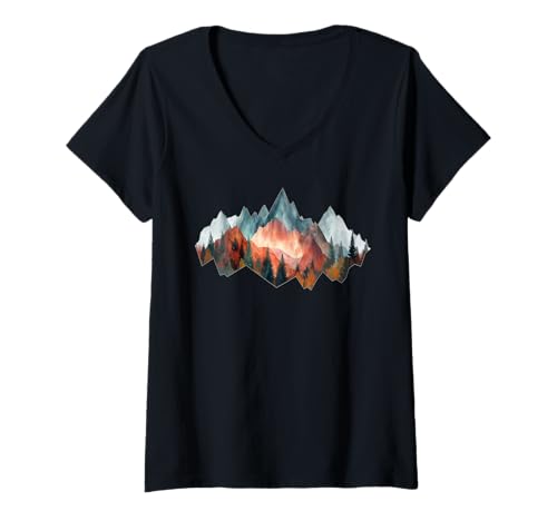Damen Natur Minimalismus Berge Tannen Bäume Wald T-Shirt mit V-Ausschnitt von Natur Wald Gebirge Wandern