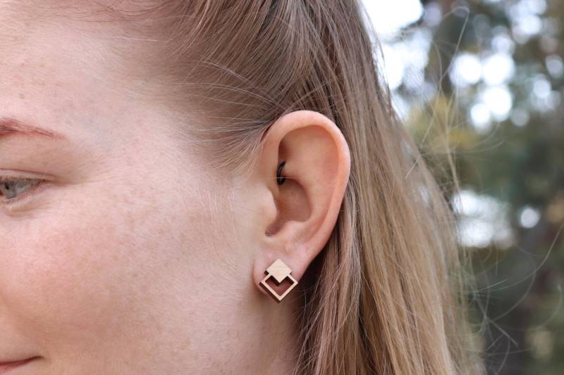 Holzohrringe Doppel Viereck Ohrstecker Sterling Silber Natürlicher Ohrschmuck Holzschmuck Holz Ohrringe Geschenkidee Accessoire Frauen Damen von NaturSchatulle