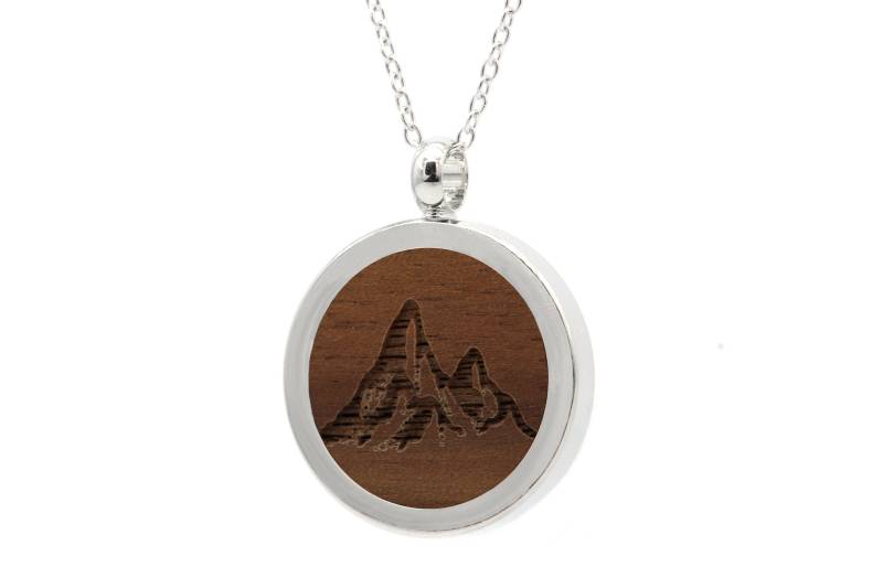 Kette Mit Anhänger Medaillon Holz Berge Gravur, Halskette Holzanhänger Silber 925 Damen Kettenanhänger Amulett Holzschmuck Charms von NaturSchatulle