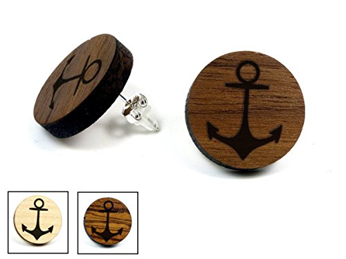 NaturSchatulle Holzohrringe Gravur Anker I Holzschmuck Holz Ohrringe 925 Sterling Silber natürliche Ohrschmuck Ohrstecker Damen Nussbaum von NaturSchatulle