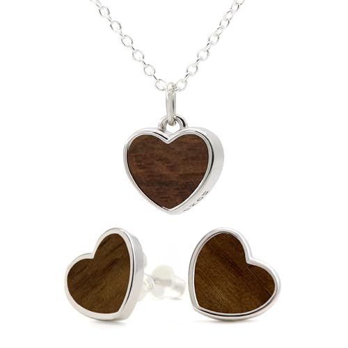 NaturSchatulle Holzschmuck Set Ohrringe Halskette Herz 9mm Damen Holzohrringe 925 Silber Nussbaum Holz Ohrstecker Schmuck (Set) von NaturSchatulle