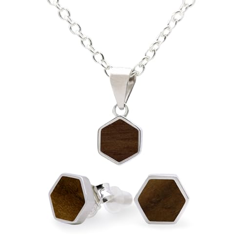 NaturSchatulle Holzschmuck Set Ohrringe Halskette Hexagon 7mm Damen Holzohrringe 925 Silber Nussbaum Holz Ohrstecker Schmuck (Set) von NaturSchatulle