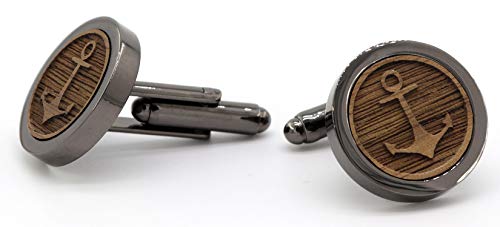 NaturSchatulle Manschettenknöpfe Herren Holz 3D Gravur Anker | 1 Paar Schwarz Manschettenknopf Rund Hochzeit Anzug Männer Cufflinks for Men von NaturSchatulle