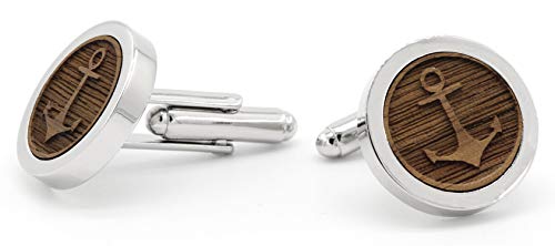 NaturSchatulle Manschettenknöpfe Herren Holz 3D Gravur Anker | 1 Paar Silber Manschettenknopf Rund Hochzeit Anzug Männer Cufflinks for Men von NaturSchatulle