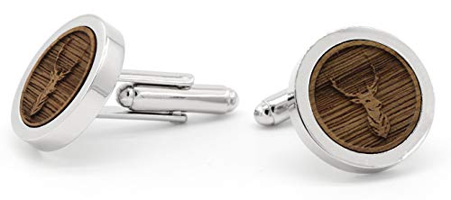 NaturSchatulle Manschettenknöpfe Herren Holz 3D Gravur Hirsch | 1 Paar Silber Manschettenknopf Rund Hochzeit Anzug Männer Cufflinks for Men von NaturSchatulle