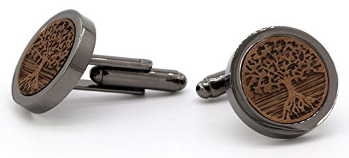 NaturSchatulle Manschettenknöpfe Herren Holz 3D Gravur Lebensbaum | 1 Paar Schwarz Manschettenknopf Rund Hochzeit Anzug Männer Cufflinks for Men von NaturSchatulle