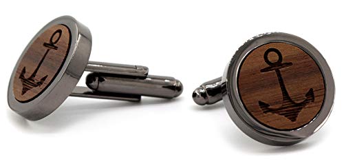 NaturSchatulle Manschettenknöpfe Herren Holz Gravur Anker 1 Paar Schwarz Manschettenknopf Rund Hochzeit Anzug Männer Cufflinks for Men von NaturSchatulle