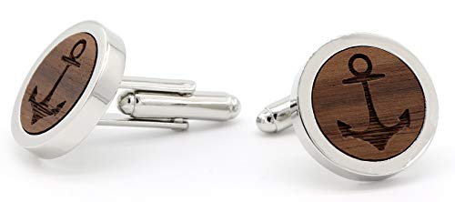 NaturSchatulle Manschettenknöpfe Herren Holz Gravur Anker 1 Paar Silber Manschettenknopf Rund Hochzeit Anzug Männer Cufflinks for Men von NaturSchatulle