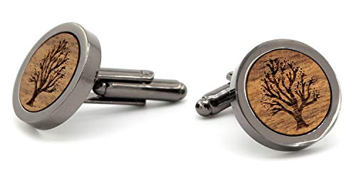 NaturSchatulle Manschettenknöpfe Herren Holz Gravur Baum 1 Paar Schwarz Manschettenknopf Rund Hochzeit Anzug Männer Cufflinks for Men von NaturSchatulle