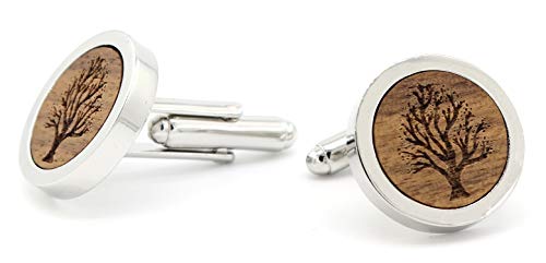 NaturSchatulle Manschettenknöpfe Herren Holz Gravur Baum 1 Paar Silber Manschettenknopf Rund Hochzeit Anzug Männer Cufflinks for Men von NaturSchatulle