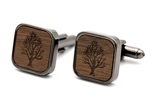 NaturSchatulle Manschettenknöpfe Herren Holz Gravur Baum 1 Paar Schwarz Manschettenknopf Eckig Hochzeit Anzug Männer Cufflinks for Men von NaturSchatulle