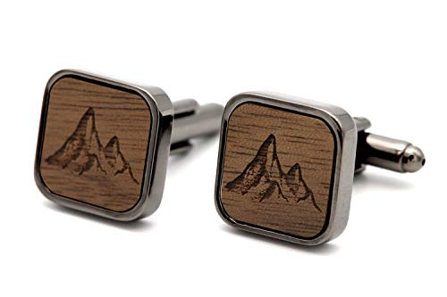 NaturSchatulle Manschettenknöpfe Herren Holz Gravur Berge 1 Paar Schwarz Manschettenknopf Eckig Hochzeit Anzug Männer Cufflinks for Men von NaturSchatulle