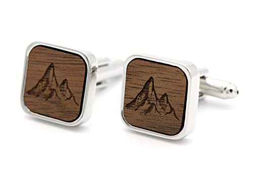 NaturSchatulle Manschettenknöpfe Herren Holz Gravur Berge 1 Paar Silber Manschettenknopf Eckig Hochzeit Anzug Männer Cufflinks for Men von NaturSchatulle