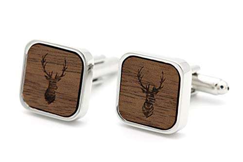 NaturSchatulle Manschettenknöpfe Herren Holz Gravur Hirsch 1 Paar Silber Manschettenknopf Eckig Hochzeit Anzug Männer Cufflinks for Men von NaturSchatulle