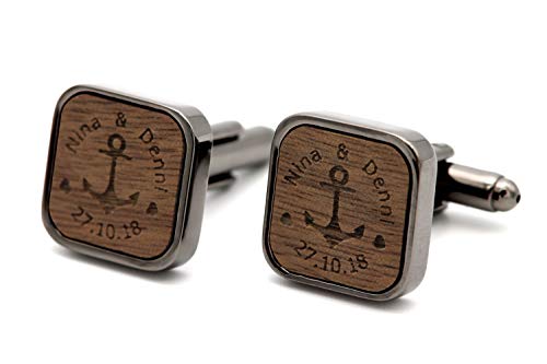 NaturSchatulle Manschettenknöpfe Herren Holz Gravur Individuell 1 Paar Schwarz Manschettenknopf Eckig Hochzeit Anzug Männer Cufflinks for Men von NaturSchatulle